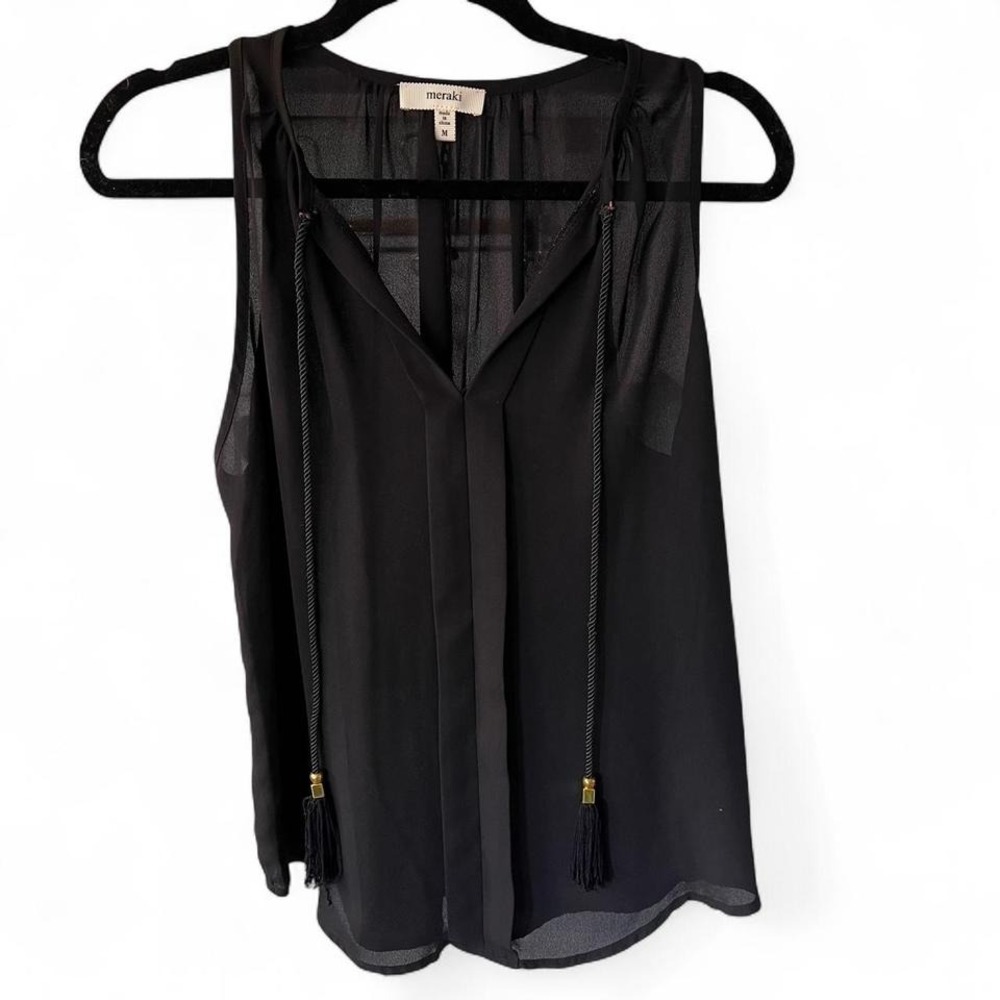 Meraki Black silky tassel sleeveless tank top V-neck halter neck and tie Size M